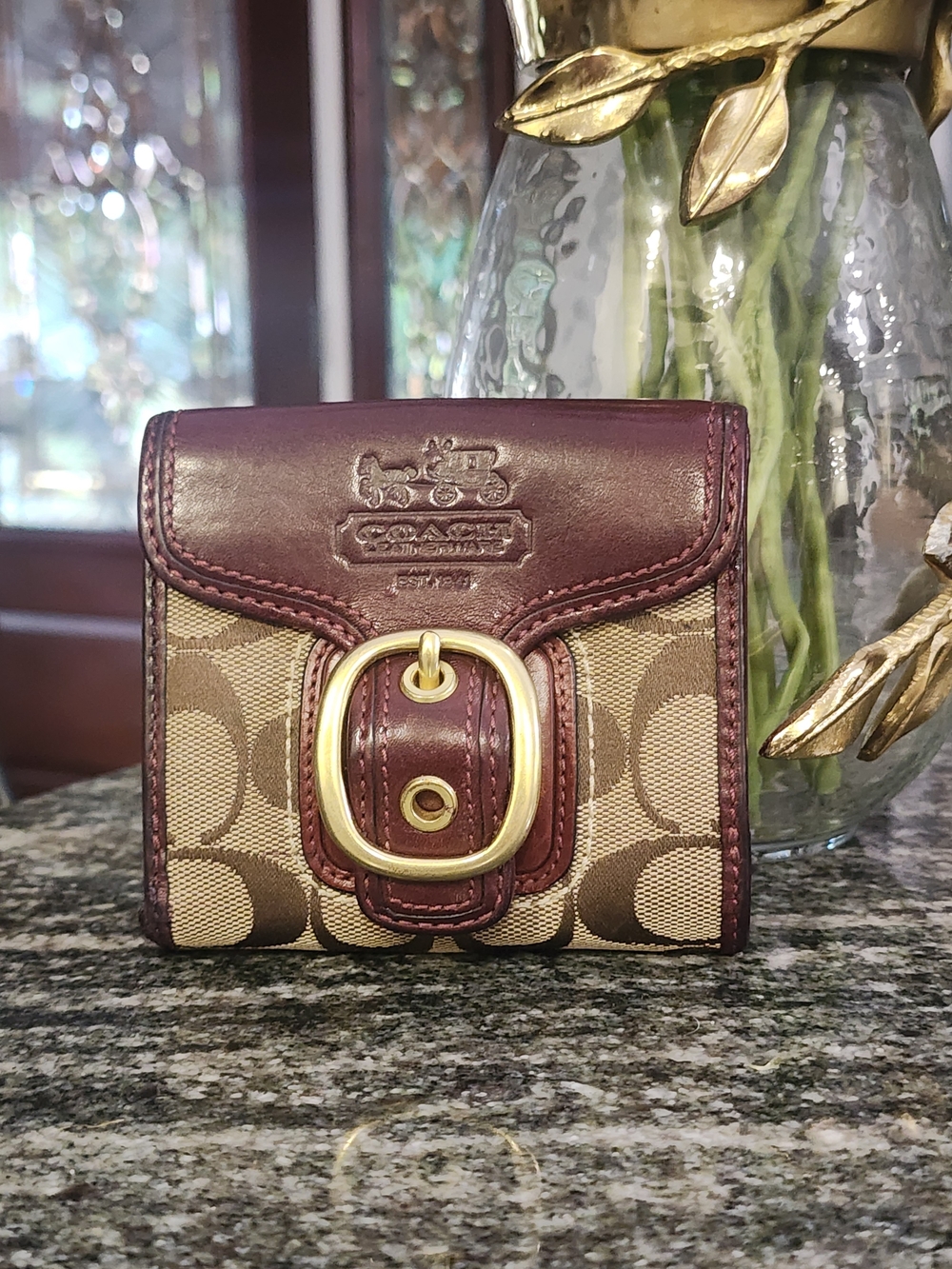 COACH Bleeker Signature Canvas and Leather Burgundy Buckle Wallet